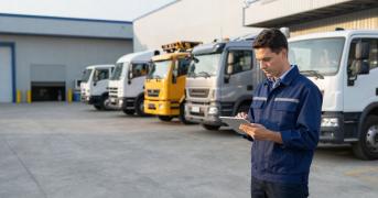 Gestor de flota revisando datos de vehículos industriales Fraikin para decidir cuáles renovar