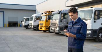 Gestor de flota revisando datos de vehículos industriales Fraikin para decidir cuáles renovar